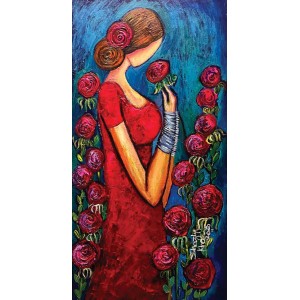 Shazly Khan, Roses and my cup of tea, 18 x 36 Inch, Acrylic on Canvas, Figurative Paintings, AC-SZK-165